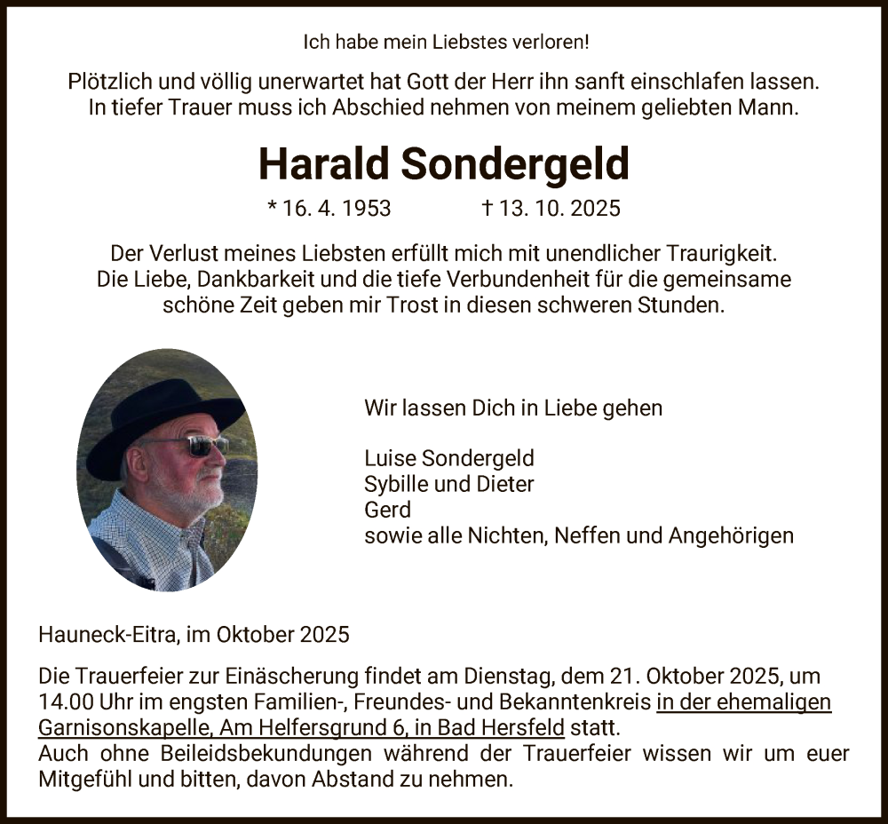  Traueranzeige für Harald Sondergeld vom 18.10.2025 aus HZ