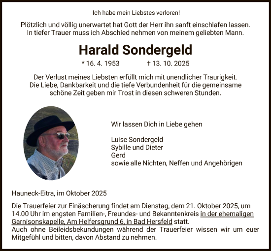 Traueranzeige von Harald Sondergeld von HZ