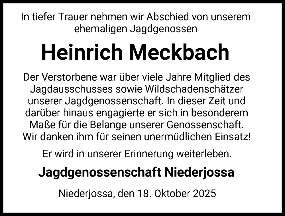 Traueranzeige für Heinrich Meckbach vom 18.10.2025 aus HZ
