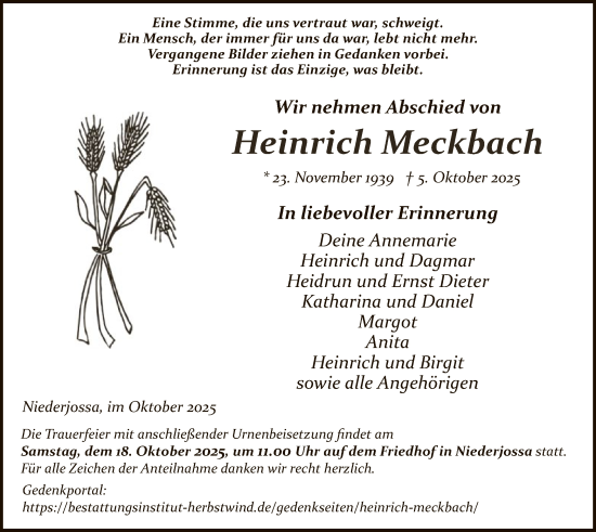 Traueranzeige von Heinrich Meckbach von HZ