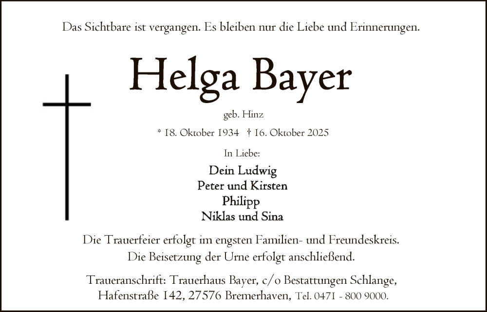  Traueranzeige für Helga Bayer vom 25.10.2025 aus HZ