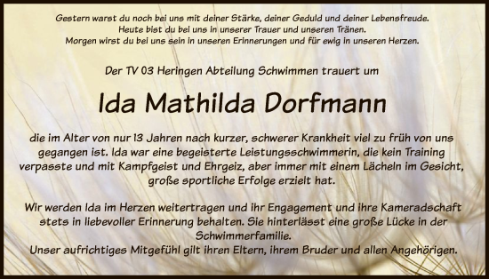 Traueranzeige von Ida Mathilda Dorfmann von HZHN