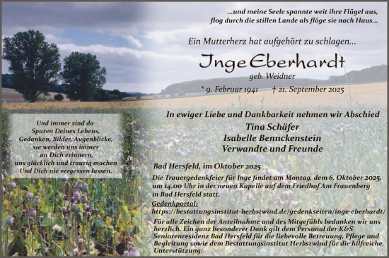 Traueranzeige von Inge Eberhardt von HZHN