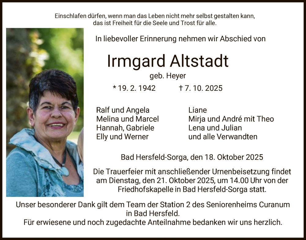  Traueranzeige für Irmgard Altstadt vom 18.10.2025 aus HZ