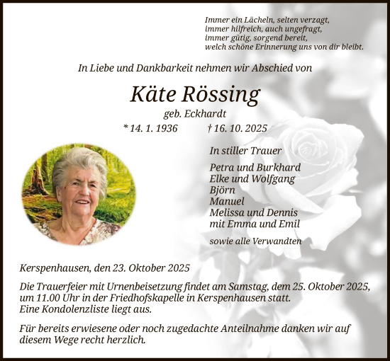 Traueranzeige von Käte Rössing von HZ