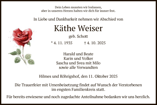 Traueranzeige von Käthe Weiser von HZ