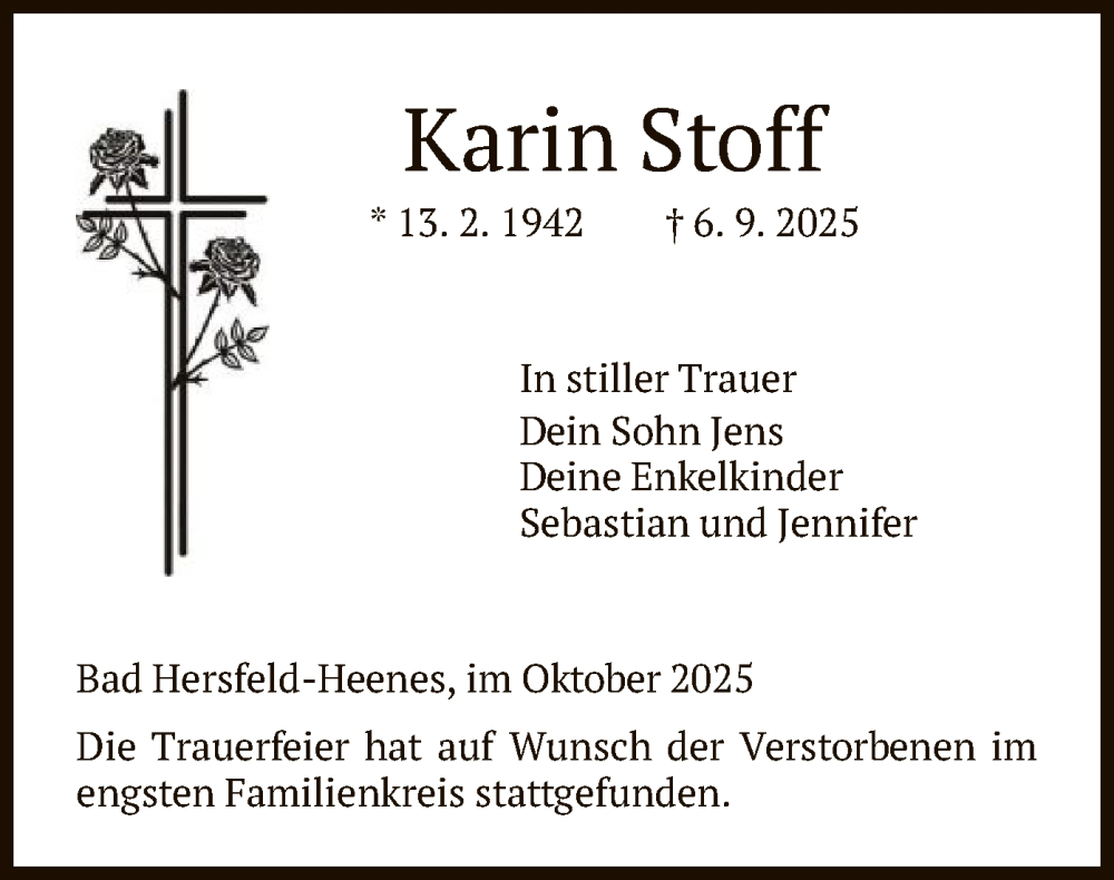  Traueranzeige für Karin Stoff vom 04.10.2025 aus HZHN