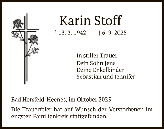 Traueranzeige von Karin Stoff von HZHN
