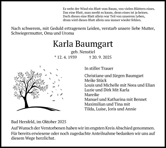 Traueranzeige von Karla Baumgart von HZHN