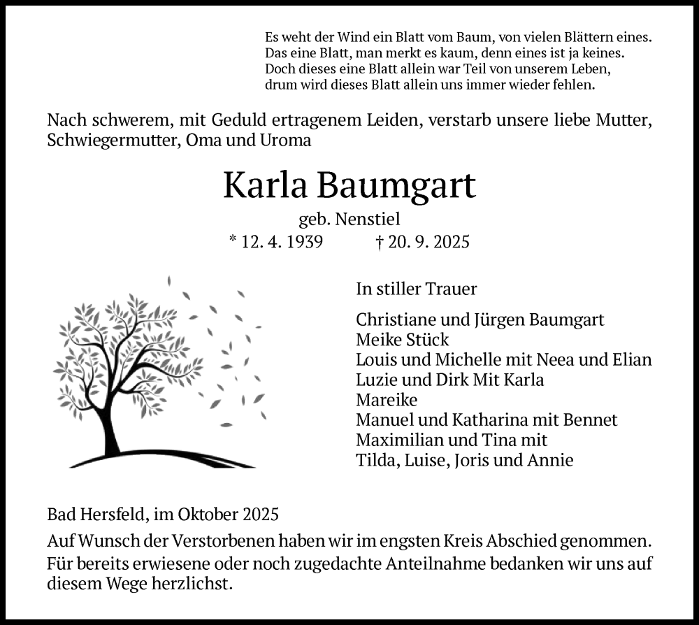 Traueranzeige für Karla Baumgart vom 04.10.2025 aus HZHN