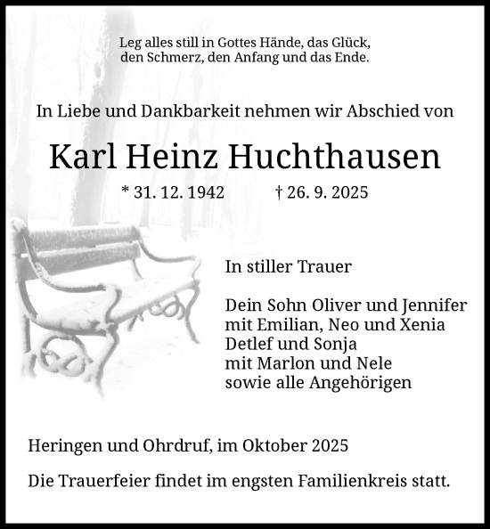Traueranzeige von Karl Heinz Huchthausen von HZHN