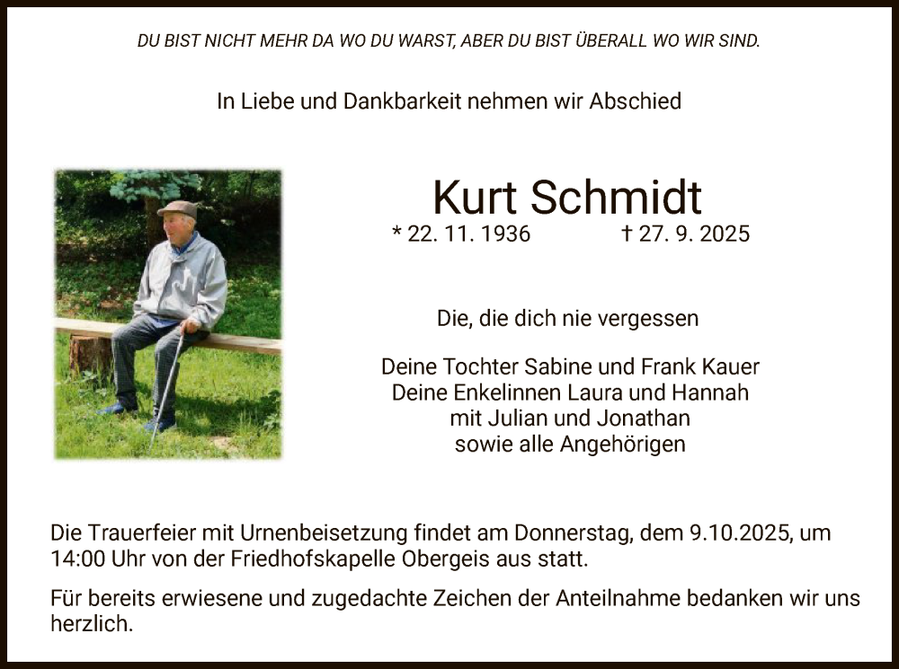  Traueranzeige für Kurt Schmidt vom 07.10.2025 aus HZ