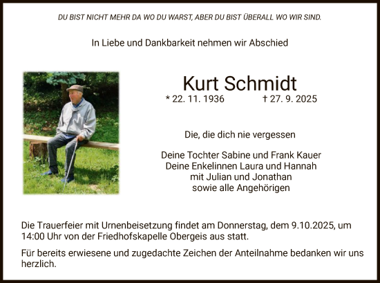 Traueranzeige von Kurt Schmidt von HZ