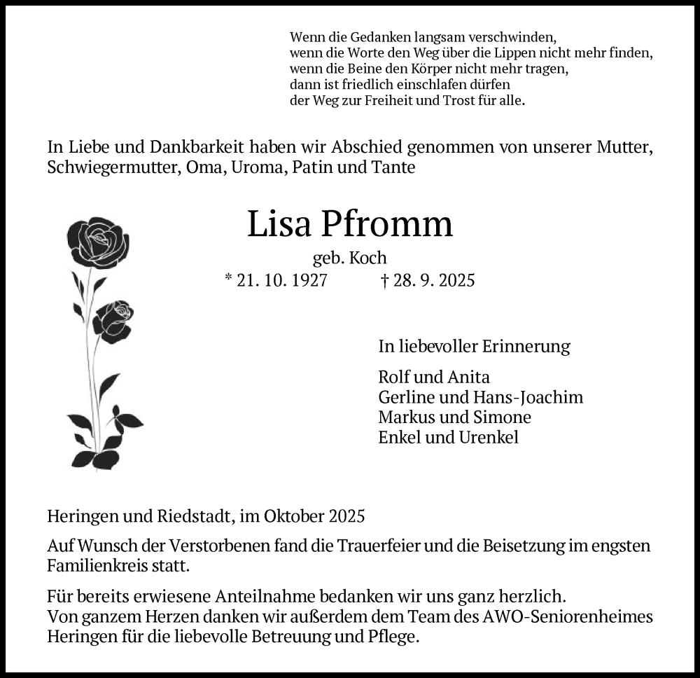  Traueranzeige für Lisa Pfromm vom 11.10.2025 aus HZHN