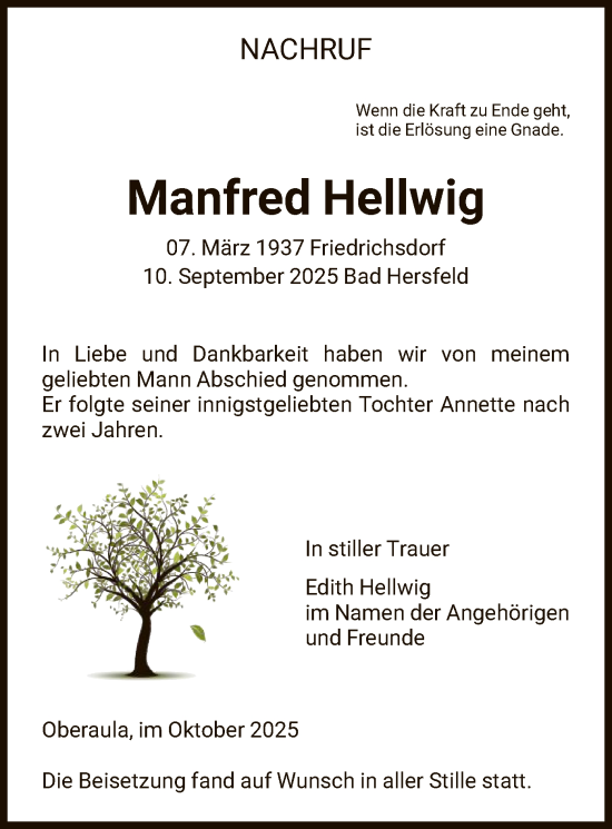 Traueranzeige von Manfred Hellwig von HNAHZ