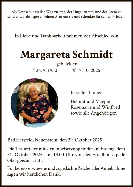 Traueranzeige von Margareta Schmidt von HZ