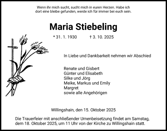 Traueranzeige von Maria Stiebeling von HZ