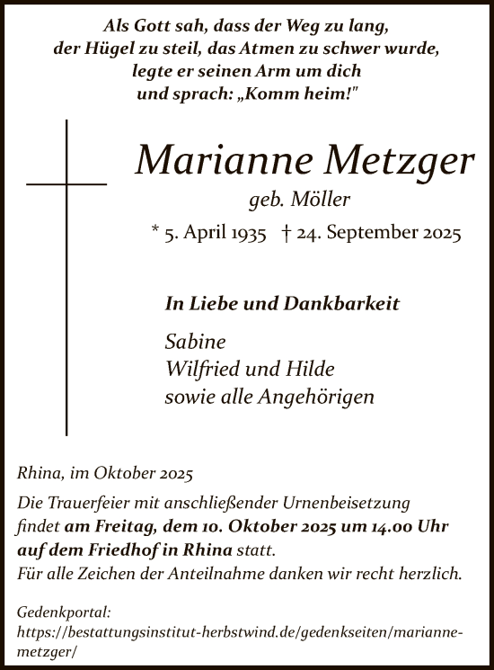 Traueranzeige von Marianne Metzger von HZ