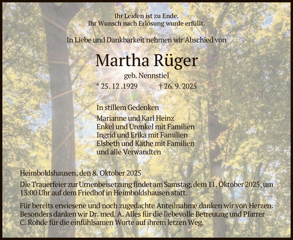  Traueranzeige für Martha Rüger vom 08.10.2025 aus HZ