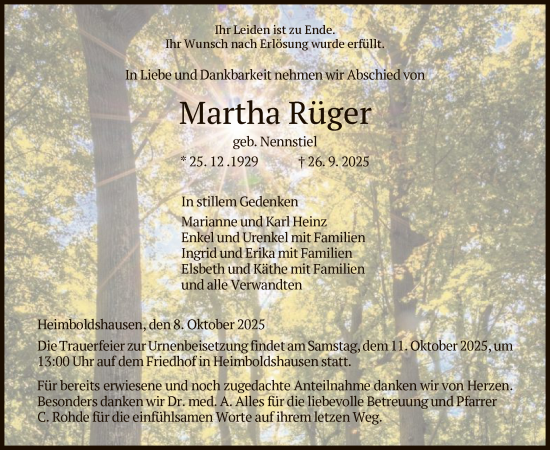 Traueranzeige von Martha Rüger von HZ