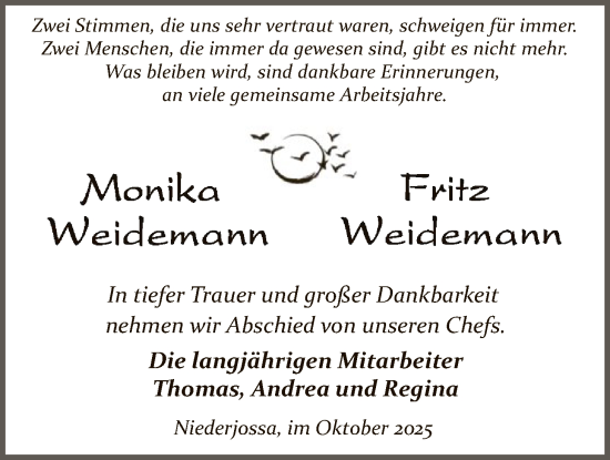 Traueranzeige von Monika und Fritz Weidemann von HZ