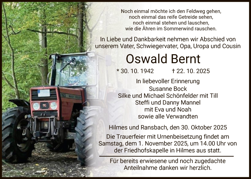  Traueranzeige für Oswald Bernt vom 30.10.2025 aus HZ