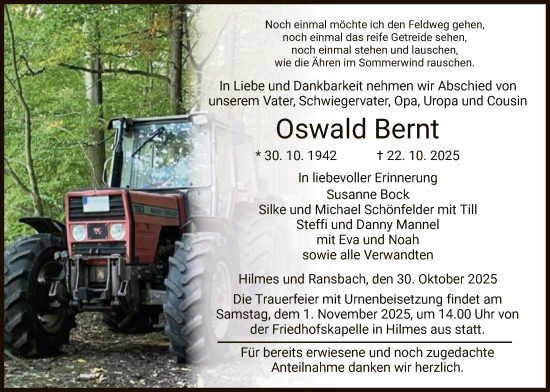 Traueranzeige von Oswald Bernt von HZ