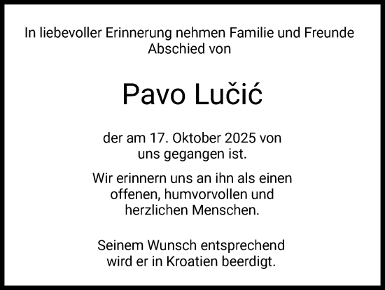 Traueranzeige von Pavo Lučic von HZ