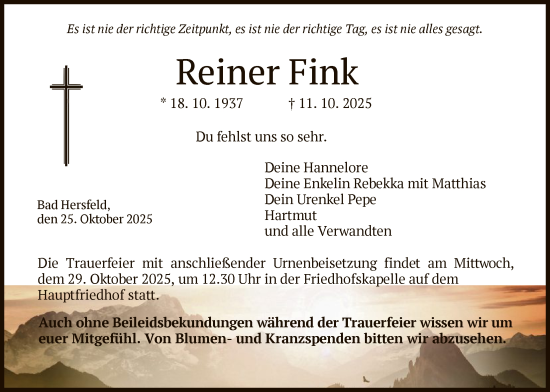Traueranzeige von Reiner Fink von HZHN