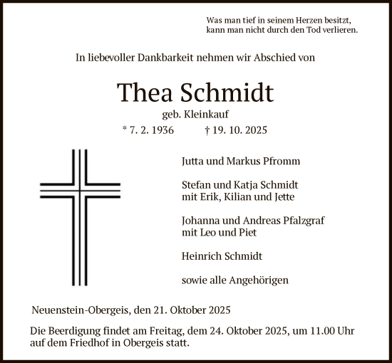 Traueranzeige von Thea Schmidt von HZ