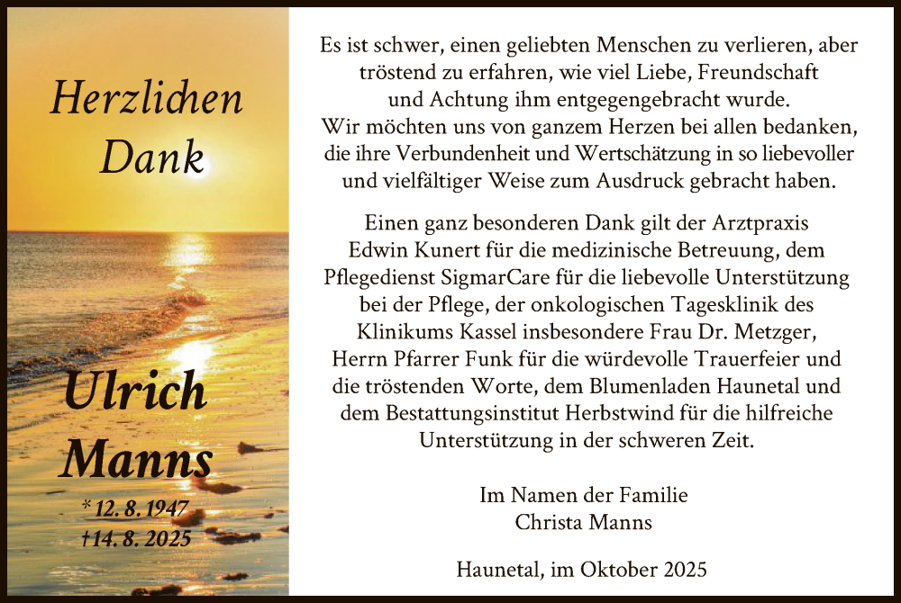  Traueranzeige für Ulrich Manns vom 11.10.2025 aus HZ