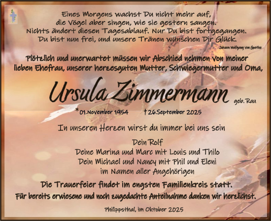 Traueranzeige von Ursula Zimmermann von HZHN