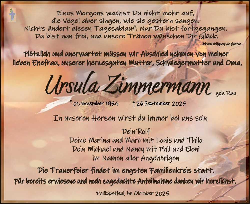  Traueranzeige für Ursula Zimmermann vom 11.10.2025 aus HZHN