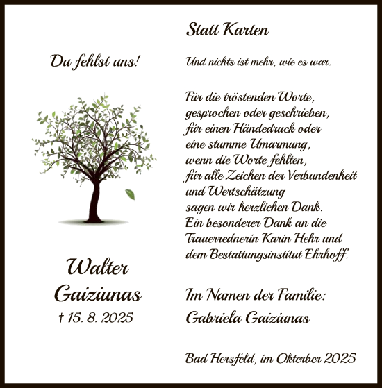 Traueranzeige von Walter Gaiziunas von HZHN