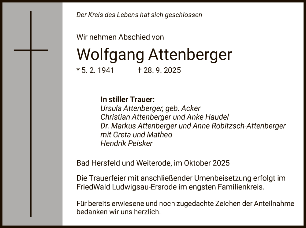  Traueranzeige für Wolfgang Attenberger vom 04.10.2025 aus HZHN