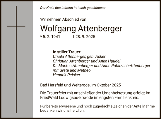 Traueranzeige von Wolfgang Attenberger von HZHN