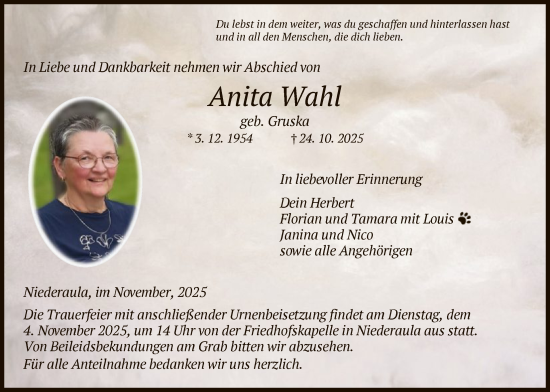 Traueranzeige von Anita Wahl von HZ