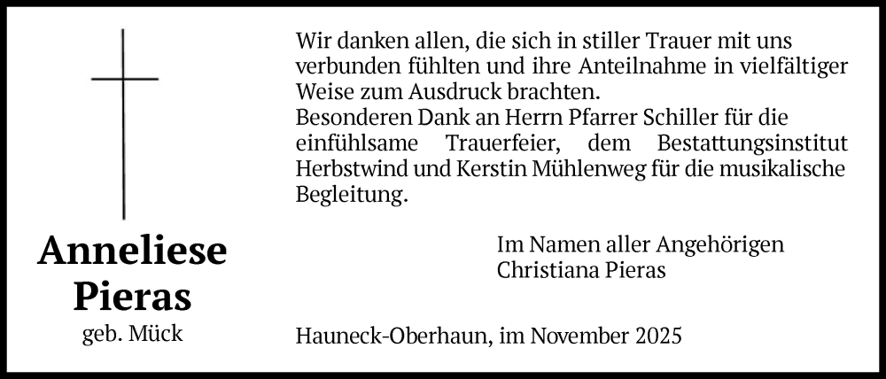  Traueranzeige für Anneliese Pieras vom 22.11.2025 aus HZ