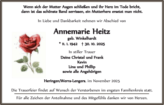 Traueranzeige von Annemarie Heitz von HZHN
