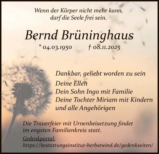 Traueranzeige von Bernd Brüninghaus von HZHN