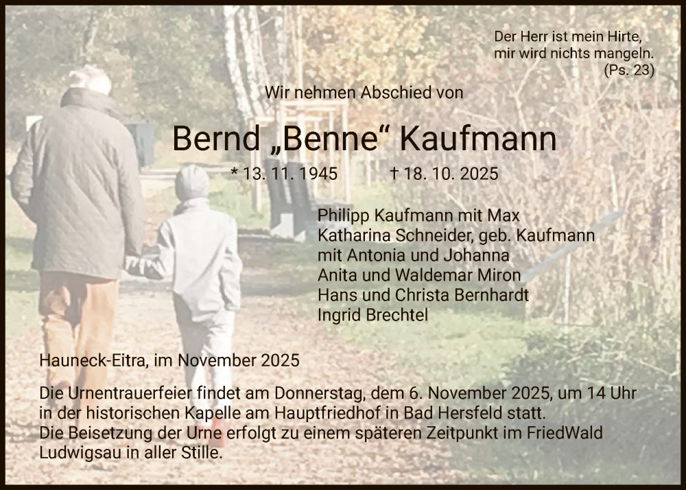  Traueranzeige für Bernd Kaufmann vom 01.11.2025 aus HZ