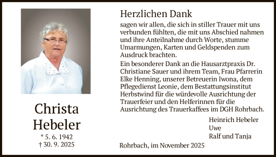 Traueranzeige von Christa Hebeler von HZ