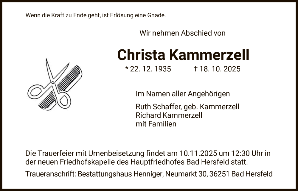  Traueranzeige für Christa Kammerzell vom 01.11.2025 aus HZ