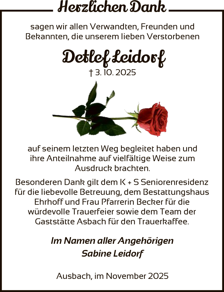  Traueranzeige für Detlef Leidorf vom 22.11.2025 aus HZ