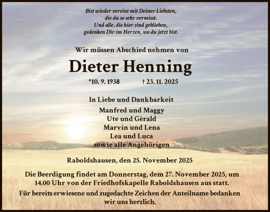 Traueranzeige von Dieter Henning von HZ