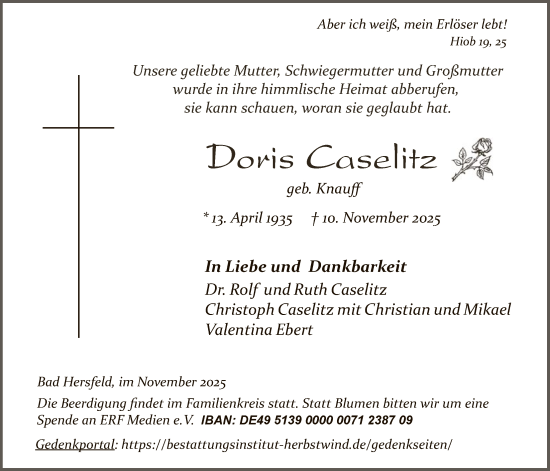 Traueranzeige von Doris Caselitz von HZ