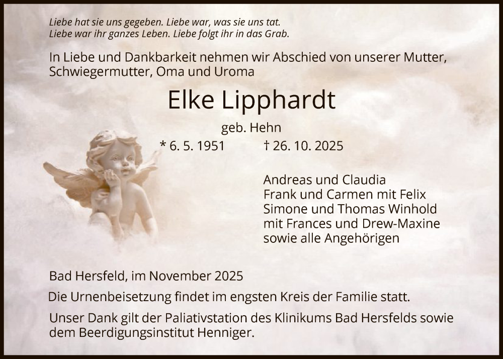  Traueranzeige für Elke Lipphardt vom 08.11.2025 aus HZHN