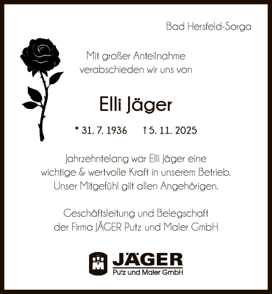 Traueranzeige von Elli Jäger von HZ