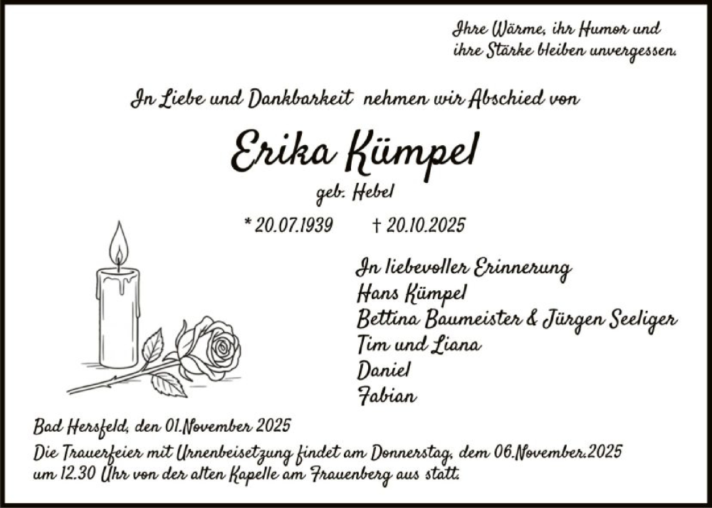  Traueranzeige für Erika Kümpel vom 01.11.2025 aus HZ