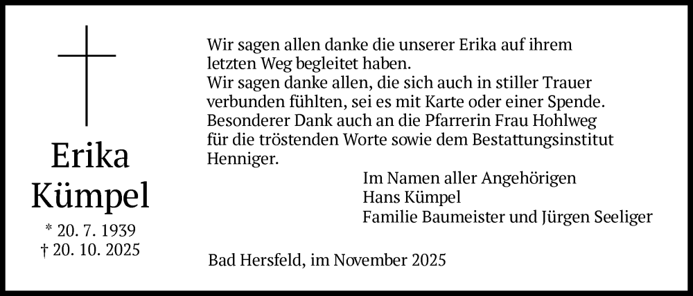  Traueranzeige für Erika Kümpel vom 29.11.2025 aus HZ